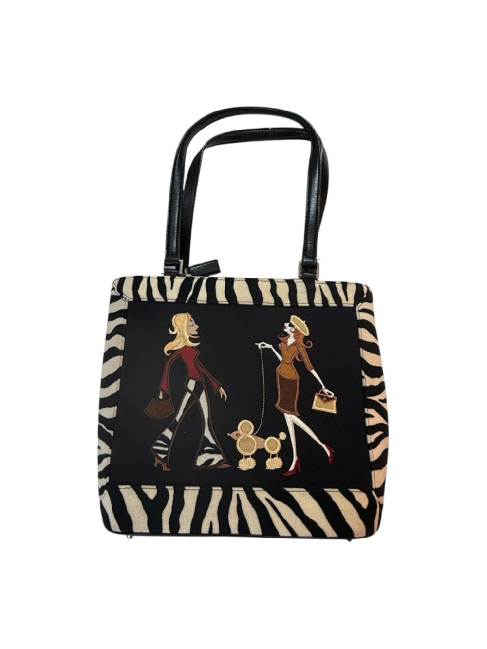 Vintage Zebra Print Handbag Embroidered Women Poodle Purse Structured Retro Nove - Picture 1 of 5